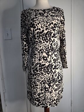 J. Crew Black and Cream Animal-Print Long Sleeve Shift Dress